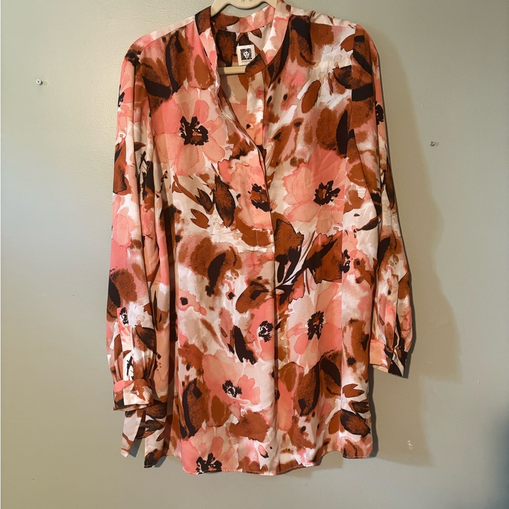 Anne Klein Pink Long Sleeve Blouse with Mandarin Collar
